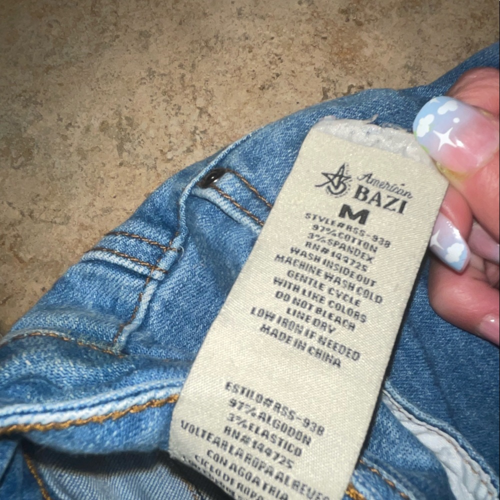 American Bazi Women's Blue Destroyed Denim Distressed Capri Knee Long Shorts - Picture 9 of 11